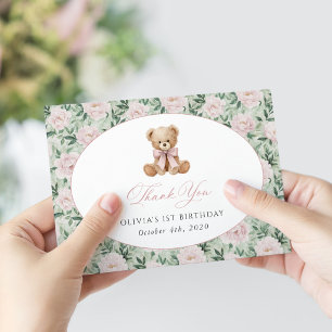 Teddy Bear, Pink Bow, Pink Flowers, First Birthday Thank You Card