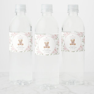 Teddy Bear, Pink Bow, Pink Flowers, First Birthday Water Bottle Label