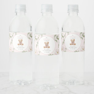 Teddy Bear, Pink Bow, Pink Flowers, First Birthday Water Bottle Label