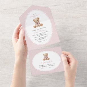 Teddy Bear, Pink Bow, Pink Polka Dots, Baby Shower All In One Invitation
