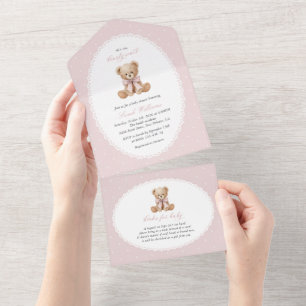 Teddy Bear, Pink Bow, Pink Polka Dots, Baby Shower All In One Invitation