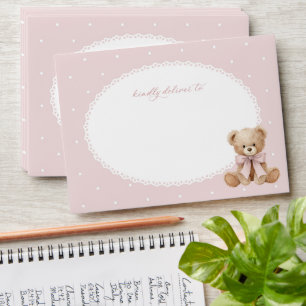 Teddy Bear, Pink Bow, Pink Polka Dots, Baby Shower Envelope