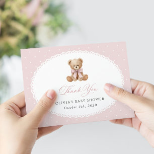 Teddy Bear, Pink Bow, Pink Polka Dots, Baby Shower Thank You Card