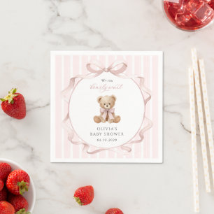 Teddy Bear, Pink Bow, Pink Stripes, Baby Shower Napkin