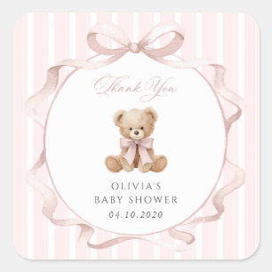 Teddy Bear, Pink Bow, Pink Stripes, Baby Shower Square Sticker