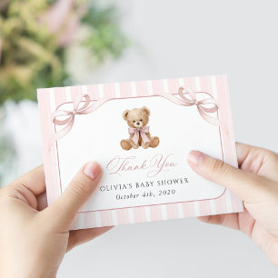 Teddy Bear, Pink Bow, Pink Stripes, Baby Shower Thank You Card