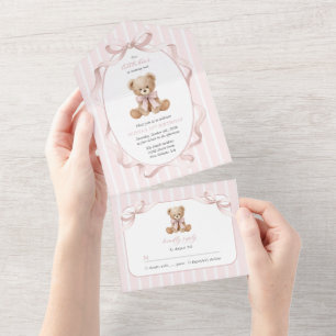 Teddy Bear, Pink Bow, Pink Stripes, First Birthday All In One Invitation