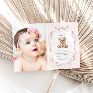Teddy Bear, Pink Bow, Pink Stripes, First Birthday Invitation