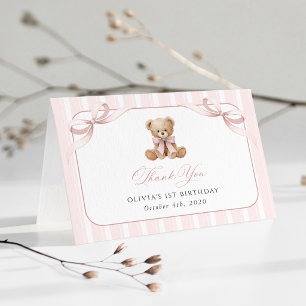 Teddy Bear, Pink Bow, Pink Stripes, First Birthday Thank You Card