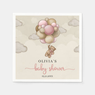 Teddy bear pink brown balloons girl Baby Shower Napkin