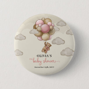 Teddy bear pink brown ivory balloons baby shower 6 cm round badge