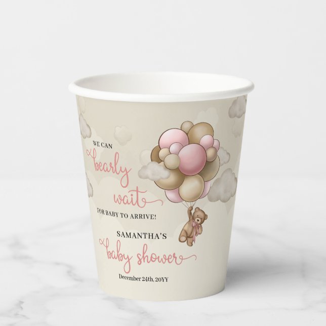 Teddy bear pink brown ivory balloons baby shower paper cups (Front)