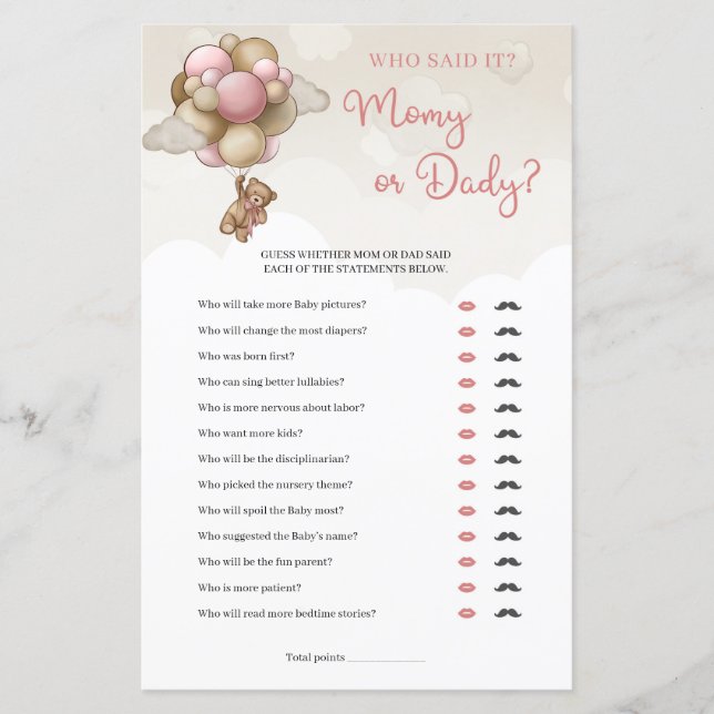 Teddy bear pink brown ivory Mummy or Daddy game (Front)