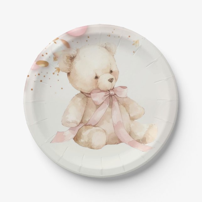 Teddy Bear Pink Champagne Gold Party Plates (Front)