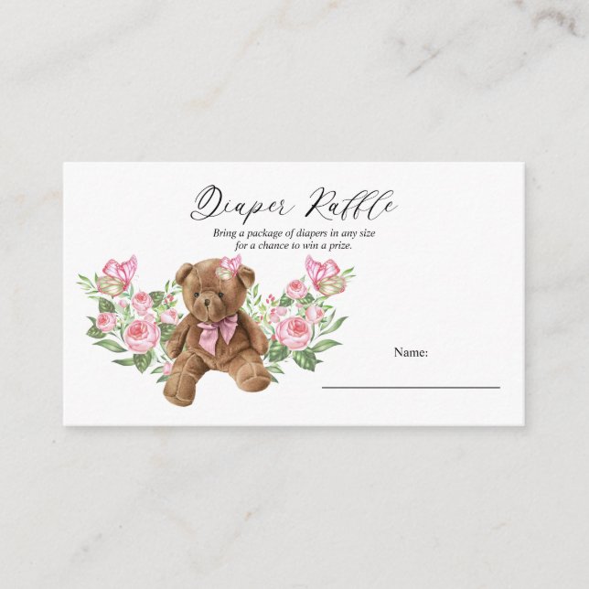 Teddy Bear Pink Floral Baby Shower Diaper Raffle E Enclosure Card (Front)