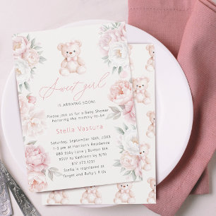 Teddy Bear Pink Flowers Girl Baby Shower Invitation