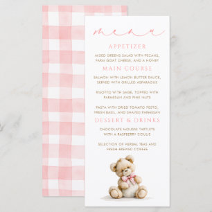 Teddy Bear Pink Gingham Pattern Menu Cards