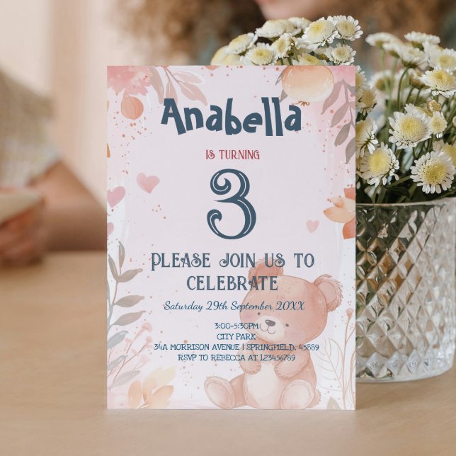 Teddy Bear Pink Girl Birthday Party Invitation (Creator Uploaded)