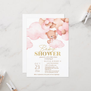  Teddy Bear Pink Gold Baby Girl Shower Invitation