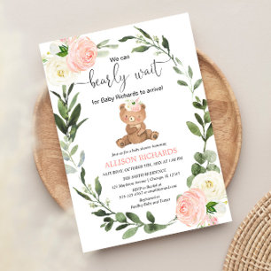 Teddy Bear pink greenery floral girl baby shower Invitation