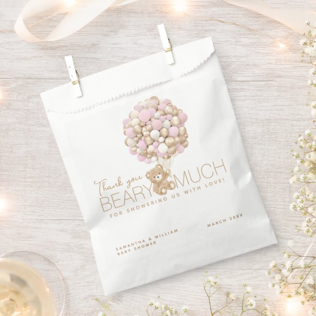 Teddy Bear Pink Heart & Balloon Baby Girl Shower Favour Bag (Clipped)
