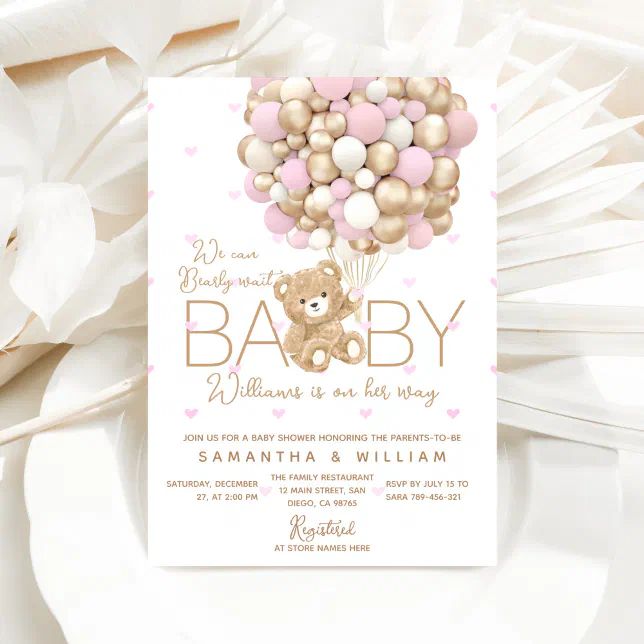 Teddy Bear Pink Heart & Balloon Baby Girl Shower Invitation | Zazzle