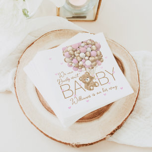 Teddy Bear Pink Heart & Balloon Baby Girl Shower Napkin
