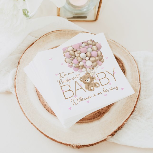 Teddy Bear Pink Heart & Balloon Baby Girl Shower Napkin (Creator Uploaded)
