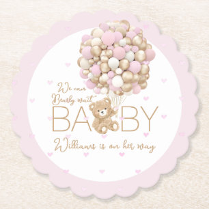 Teddy Bear Pink Heart & Balloon Baby Girl Shower Paper Coaster