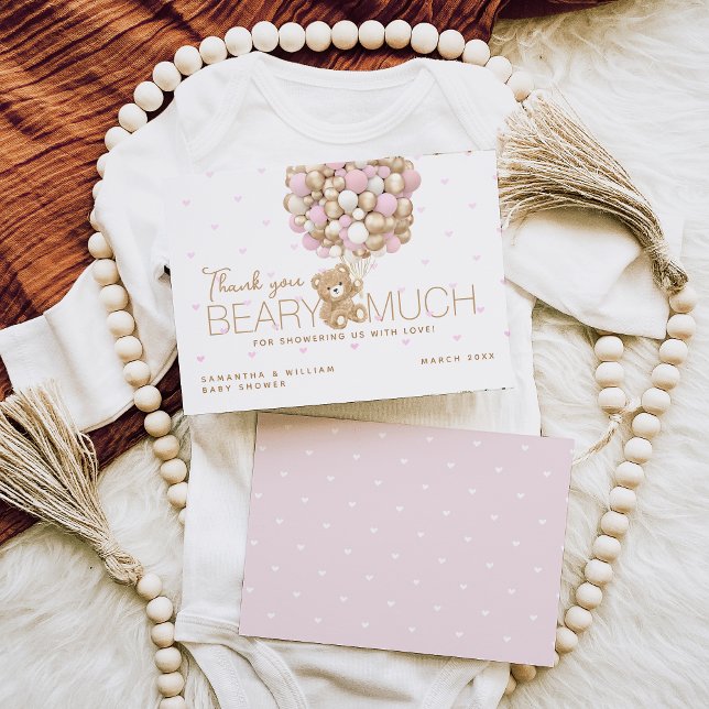 Teddy Bear Pink Heart & Balloon Baby Girl Shower Thank You Card (Creator Uploaded)