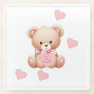 Teddy Bear Pink Hearts Glass Coaster