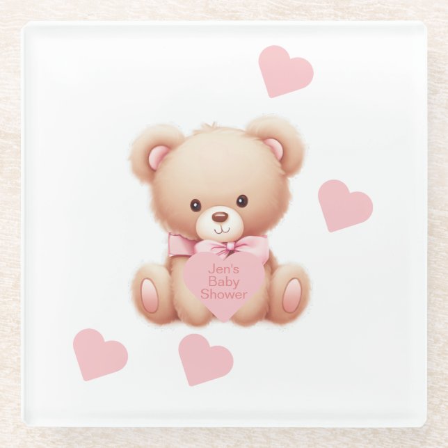 Teddy Bear Pink Hearts Glass Coaster (Front)