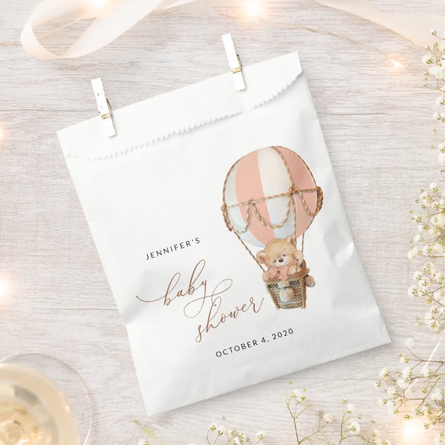 Teddy Bear, Pink Hot Air Balloon, Baby Shower Favour Bag (Clipped)