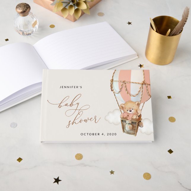 Teddy Bear, Pink Hot Air Balloon, Baby Shower Guest Book (Front Open)