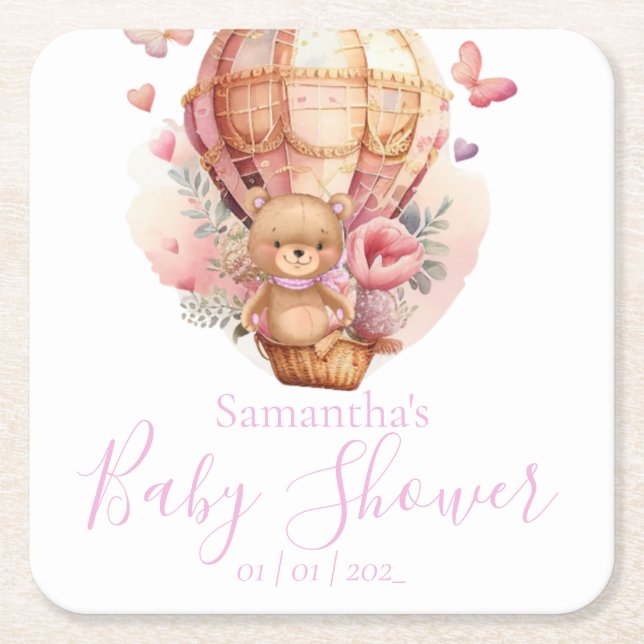 Teddy Bear Pink Hot Air Balloon Baby Shower  Square Paper Coaster (Front)