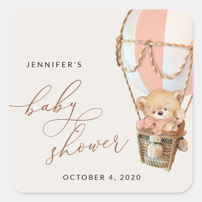Teddy Bear, Pink Hot Air Balloon, Baby Shower Square Sticker (Front)