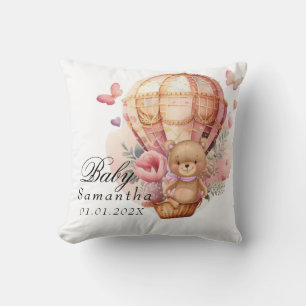 Teddy Bear Pink Hot Air Balloon Baby  Throw Pillow