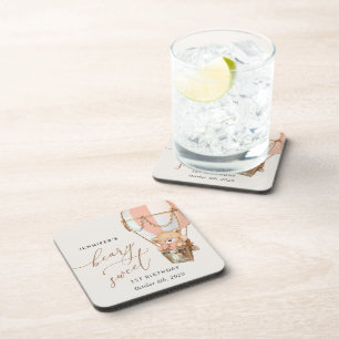 Teddy Bear, Pink Hot Air Balloon, First Birthday Coaster