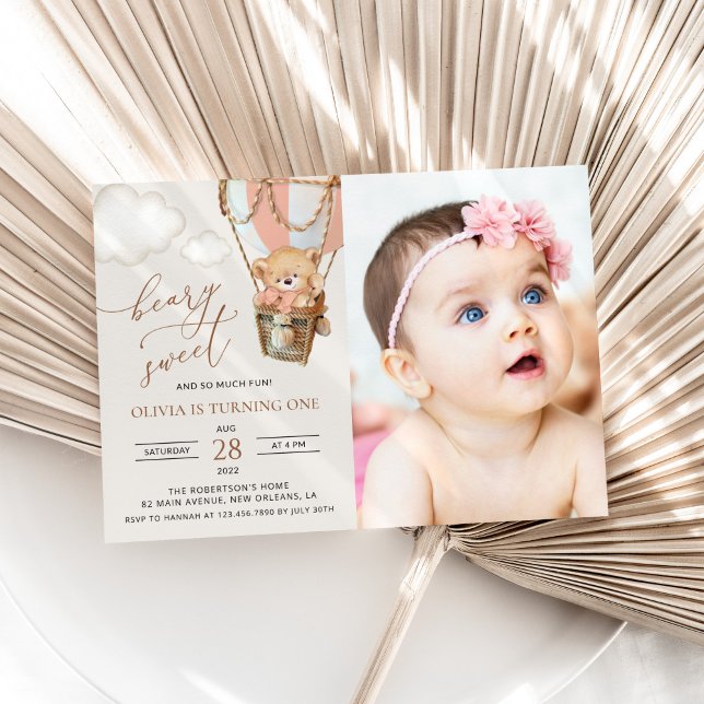 Teddy Bear, Pink Hot Air Balloon, First Birthday Invitation (Creator Uploaded)