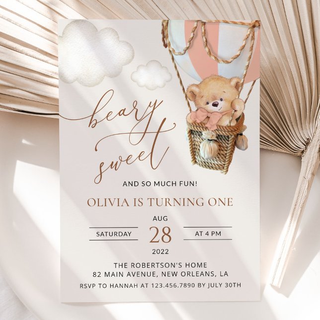 Teddy Bear, Pink Hot Air Balloon, First Birthday Invitation (Creator Uploaded)