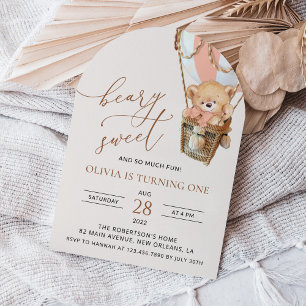Teddy Bear, Pink Hot Air Balloon, First Birthday Invitation