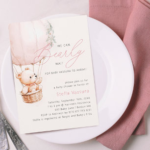 Teddy Bear Pink Hot Air Balloon Girl Baby Shower Invitation