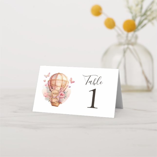 Teddy Bear  Pink Hot Air Balloon Party Place Card (Back)