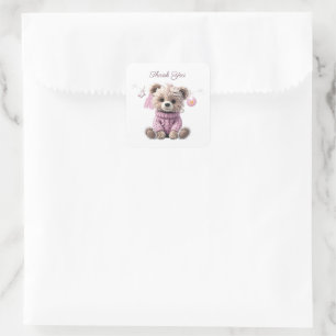 Teddy Bear pink jumper Thank you Square Sticker