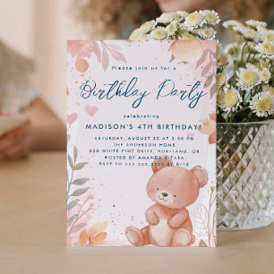 Teddy Bear Pink Kids Birthday Party Invitation