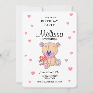 Teddy Bear Pink Little Girl Birthday Party Invitation