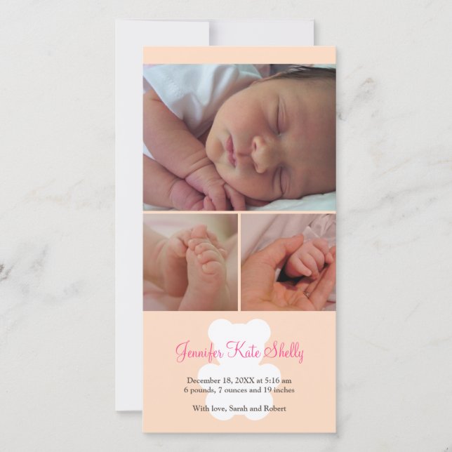 Teddy bear pink montage baby birth announcement (Front)