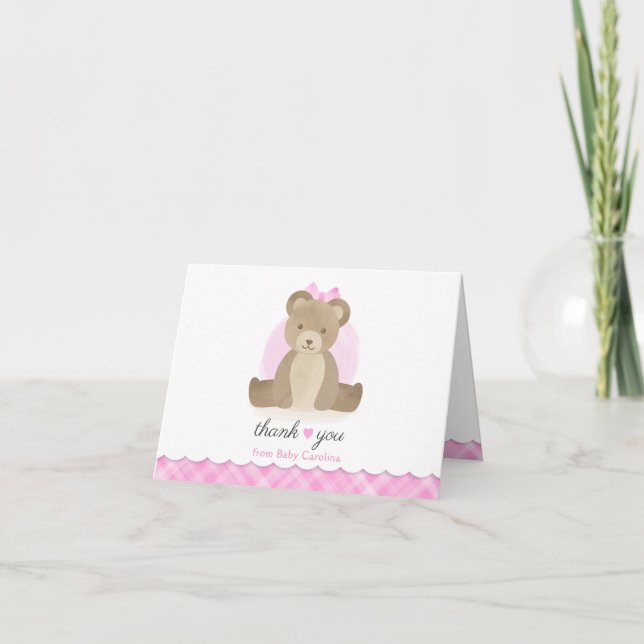 Teddy Bear Pink Plaid Baby Shower Thank You Card (Front)