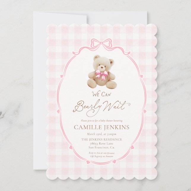 Teddy Bear Pink Plaid Girl Baby Shower Invitation (Front)