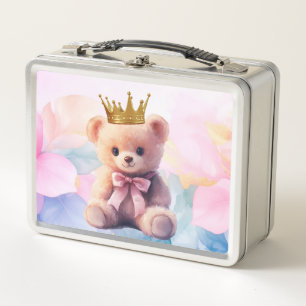Teddy Bear Pink Ribbon Gold Crown Metal Lunch Box
